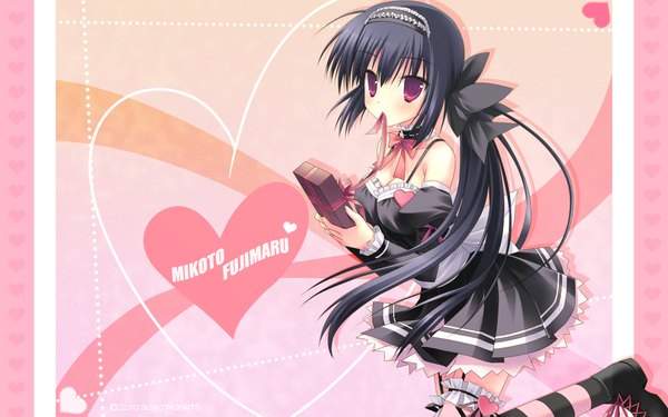 Anime picture 1920x1200 with kisaragi gold star (game) fujimaru mikoto toranosuke single long hair blush highres black hair red eyes wide image bare shoulders looking away ponytail inscription maid wallpaper valentine girl thighhighs bow
