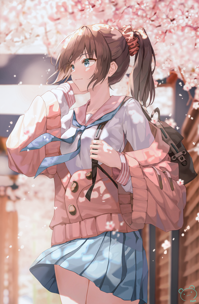 Anime-Bild 982x1500 mit original ruda (ruda e) single long hair tall image blush fringe blue eyes brown hair standing signed payot looking away outdoors ponytail long sleeves pleated skirt arm up light smile wind