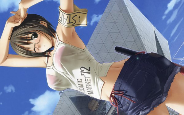 Anime picture 1680x1050 with yosuga no sora yorihime nao hashimoto takashi light erotic brown hair wide image brown eyes sky arms up from below armpit (armpits) dutch angle looking down denim stretch real world location swimsuit bikini glasses shorts