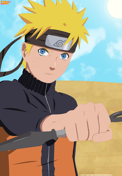 Anime picture 1512x2176 with naruto studio pierrot naruto (series) uzumaki naruto rikimaru-uchiha single tall image short hair blue eyes blonde hair sky cloud (clouds) sunlight coloring facial mark whisker markings jinchuriki boy weapon vest