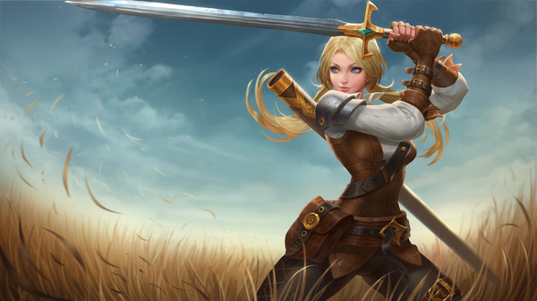Anime picture 5920x3330 with arena of valor butterfly (arena of valor) single highres blue eyes blonde hair smile wide image twintails absurdres sky cloud (clouds) official art low twintails fighting stance leather girl gloves weapon plant (plants)
