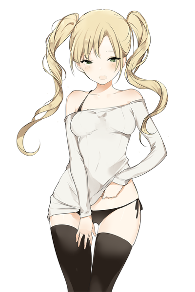 Anime picture 600x899 with original lpip single long hair tall image looking at viewer blush fringe breasts open mouth light erotic simple background blonde hair standing white background twintails bare shoulders green eyes payot long sleeves