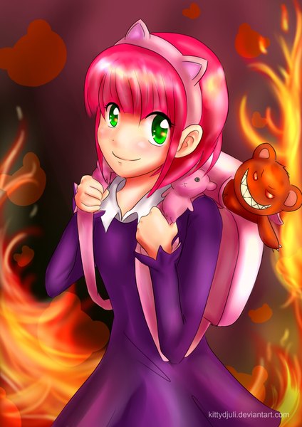 Anime picture 2480x3507 with league of legends annie (league of legends) tibbers (league of legends) kittydjuli tall image looking at viewer blush highres short hair green eyes pink hair light smile girl dress toy stuffed animal fire backpack bear