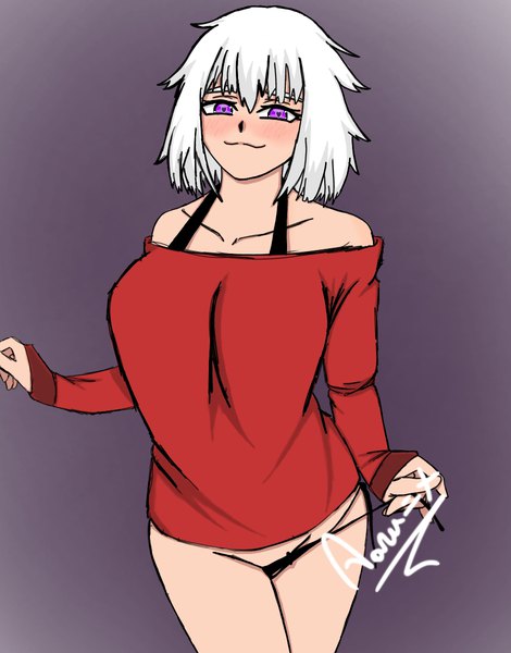 Anime picture 940x1200 with original aarunime single tall image looking at viewer blush fringe short hair light erotic simple background smile hair between eyes standing purple eyes bare shoulders signed white hair long sleeves off shoulder groin