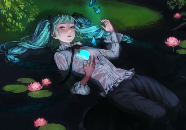 Anime picture 1025x720 with vocaloid hatsune miku esukee single long hair twintails lying braid (braids) very long hair green hair open clothes open shirt glowing ophelia's pose girl shirt water branch water lily