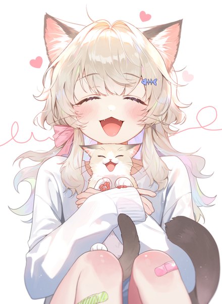 Anime picture 800x1092 with original myrpo single long hair tall image blush open mouth simple background blonde hair white background sitting animal ears tail eyes closed animal tail cat ears cat girl cat tail ^ ^ ^o^