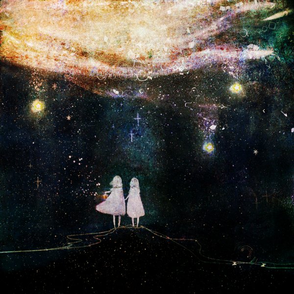 Аниме картинка 1250x1250 с оригинальное изображение katsuo светлые волосы несколько девушек держать сзади спина держаться за руки бледная кожа идёт свечение девушка 2 девушки звезда (звёзды) фонарь фонарный столб