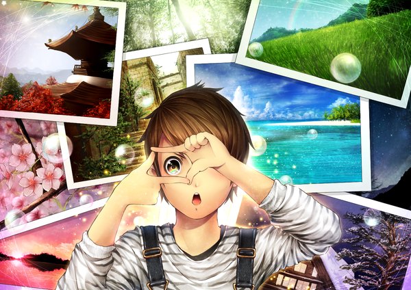 Anime-Bild 1415x1000 mit original ryota (ry o ta) single looking at viewer short hair open mouth brown hair brown eyes teeth striped landscape boy flower (flowers) bubble (bubbles) hands photo (object)