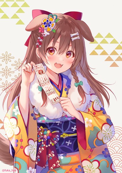 Anime picture 627x885 with virtual youtuber hololive inugami korone fukahire (ruinon) single long hair tall image looking at viewer blush fringe open mouth smile hair between eyes brown hair white background holding brown eyes signed animal ears braid (braids)