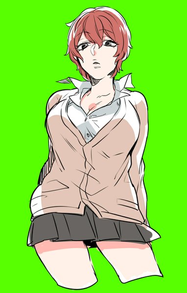 Anime picture 564x884 with yowamushi pedal shinkai hayato yomimatigai single tall image short hair simple background brown hair black eyes from below looking down hands behind back partially open clothes green background genderswap girl uniform school uniform cardigan