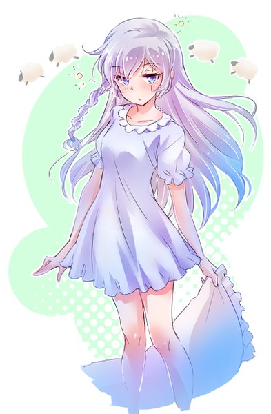 Anime picture 1600x2444 with rwby rooster teeth weiss schnee iesupa single long hair tall image fringe blue eyes simple background silver hair braid (braids) scar side braid alternate hairstyle outline sleepy girl dress animal