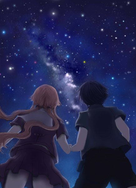 Anime picture 4000x5500 with mirai nikki gasai yuno amano yukiteru riesa long hair tall image highres short hair black hair standing twintails pink hair absurdres outdoors pleated skirt night from below night sky couple low twintails
