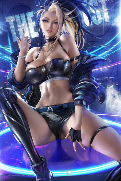 Anime picture 2533x3800 with league of legends k/da (league of legends) akali (league of legends) the baddest akali sakimichan single long hair tall image looking at viewer highres breasts light erotic large breasts cleavage bent knee (knees) ponytail parted lips head tilt multicolored hair arm up