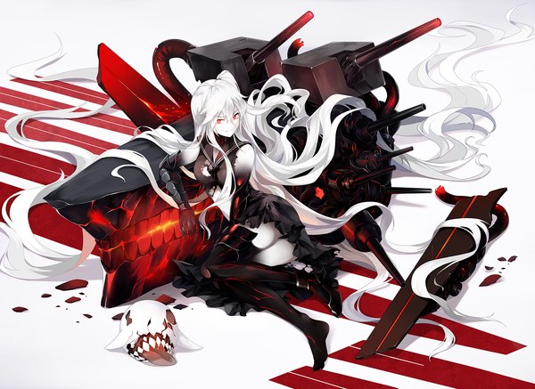 Anime picture 1600x1167 with kantai collection aircraft carrier hime neko (yanshoujie) smile red eyes sitting full body bent knee (knees) white hair very long hair no shoes one side up torn clothes glowing on side clenched teeth white skin shinkaisei-kan long tongue girl