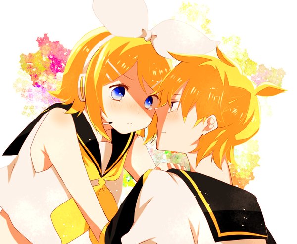 Anime picture 1700x1400 with vocaloid kagamine rin kagamine len monaco0704 blush short hair blue eyes blonde hair white background bare shoulders ponytail profile shaded face face to face twins brother and sister girl boy bow hair bow