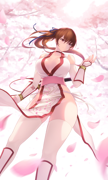 Anime-Bild 3898x6496 mit dead or alive kasumi (doa) cait single long hair tall image fringe highres breasts light erotic simple background hair between eyes brown hair large breasts standing white background bare shoulders brown eyes looking away absurdres