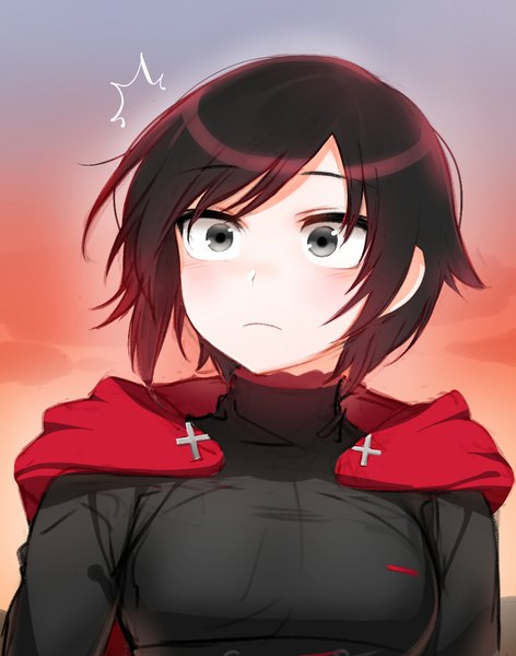 Anime picture 938x1192 with rwby rooster teeth ruby rose ndgd (bean1215) single tall image blush fringe short hair breasts black hair payot looking away sky upper body ahoge grey eyes evening portrait sunset
