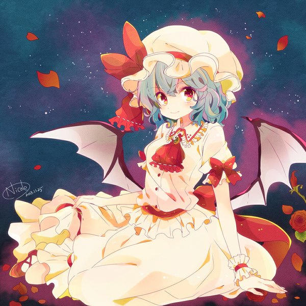 Anime picture 1000x1000 with touhou remilia scarlet nicole (usako) single blush short hair smile red eyes sitting signed blue hair looking away girl dress skirt flower (flowers) petals wings rose (roses) bonnet