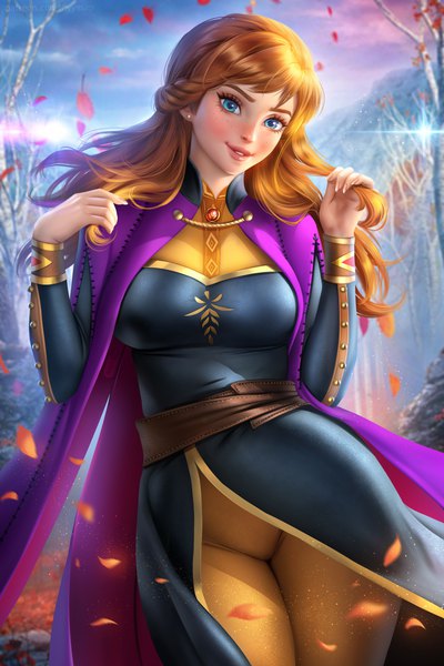 Anime picture 4772x7158 with frozen (disney) disney anna (frozen) ayyasap single long hair tall image looking at viewer blush fringe highres breasts blue eyes smile brown hair large breasts standing signed absurdres sky
