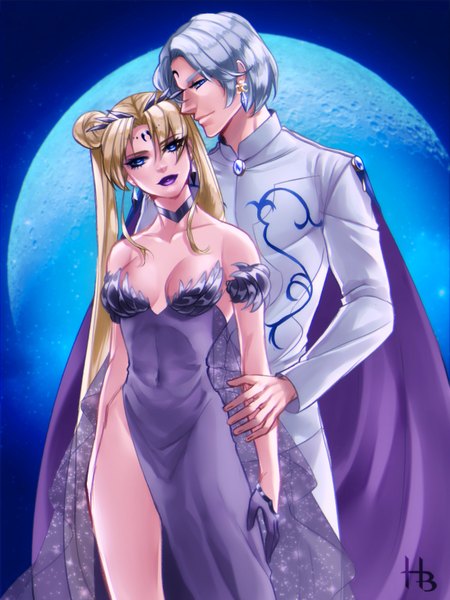 Anime picture 1200x1600 with bishoujo senshi sailor moon toei animation tsukino usagi princess serenity prince diamond neo queen serenity haloblabla long hair tall image short hair blue eyes light erotic blonde hair twintails signed silver hair profile grey hair from behind open clothes