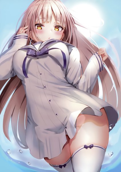 Anime picture 2536x3600 with original reinama single long hair tall image looking at viewer blush fringe highres breasts light erotic large breasts standing yellow eyes sky silver hair outdoors blunt bangs long sleeves from below