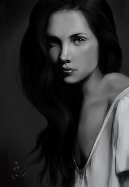Anime picture 2350x3401 with original tagme (artist) single long hair tall image looking at viewer highres black hair lips realistic off shoulder grey eyes dark skin dark background girl