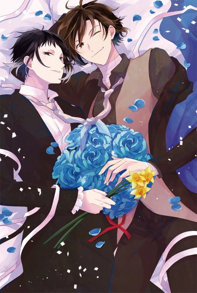 Anime picture 600x889 with bungou stray dogs studio bones dazai osamu (bungou stray dogs) akutagawa ryuunosuke (bungou stray dogs) ppr 56 tall image looking at viewer fringe short hair black hair smile hair between eyes brown hair holding brown eyes one eye closed multicolored hair wink black eyes two-tone hair