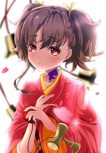 Anime picture 822x1184 with koutetsujou no kabaneri wit studio mumei (kabaneri) xinshijie de akalin single tall image looking at viewer blush short hair red eyes brown hair twintails traditional clothes japanese clothes short twintails girl petals kimono