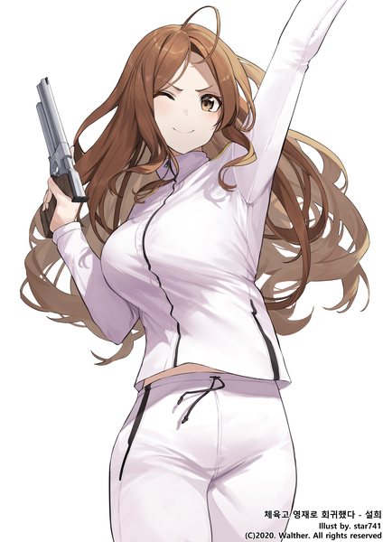Anime-Bild 2828x4000 mit original star741 single long hair tall image looking at viewer blush fringe highres breasts simple background smile brown hair standing white background holding brown eyes signed ahoge long sleeves