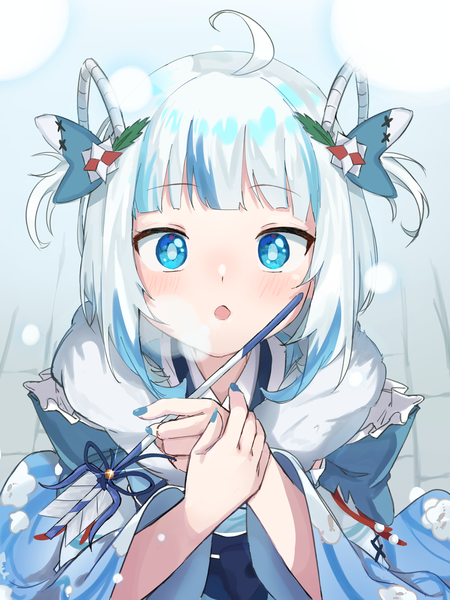Anime picture 3000x4000 with virtual youtuber hololive hololive english gawr gura gawr gura (4th costume) wep16night single tall image looking at viewer blush highres short hair blue eyes ahoge white hair nail polish traditional clothes japanese clothes multicolored hair from above