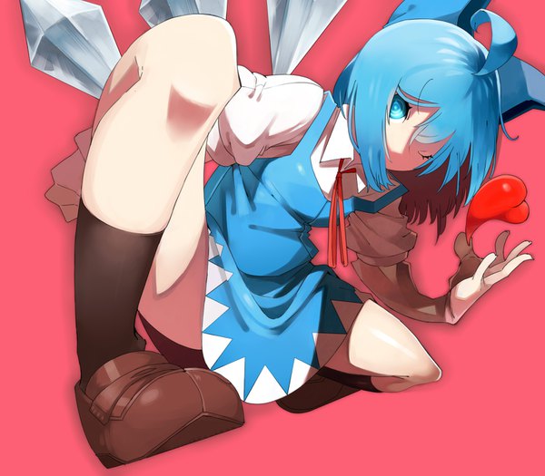 Anime picture 1600x1400 with touhou cirno sofa (enogunomu) single looking at viewer short hair blue eyes light erotic blue hair ahoge one eye closed short sleeves spread legs puffy sleeves squat pink background girl dress bow hair bow