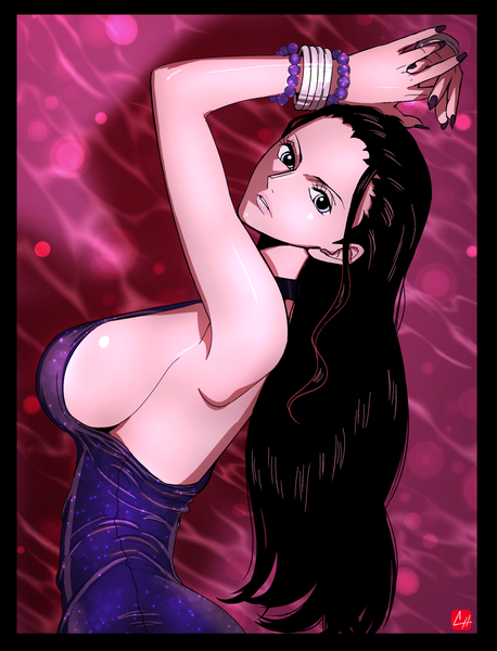 Anime picture 1280x1677 with one piece toei animation nico robin chris re5 single long hair tall image looking at viewer breasts blue eyes light erotic black hair simple background large breasts signed upper body nail polish parted lips fingernails lips