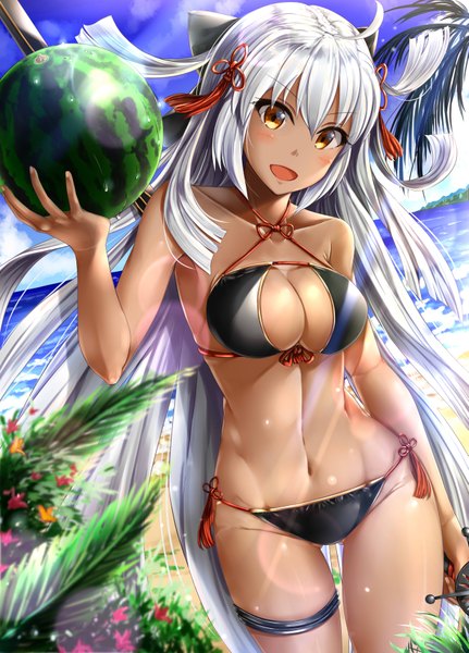 Anime picture 2645x3679 with fate (series) fate/grand order okita souji (fate) (all) okita souji alter (fate) ayakase hotaru single tall image looking at viewer blush fringe highres breasts open mouth light erotic smile hair between eyes large breasts standing bare shoulders holding