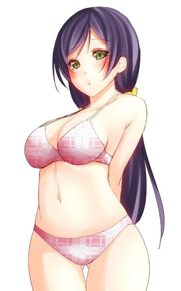 Anime picture 556x890 with love live! school idol project sunrise (studio) love live! toujou nozomi noppi (noppi 98) single long hair tall image looking at viewer blush breasts light erotic simple background white background twintails green eyes purple hair bare belly underwear only low twintails
