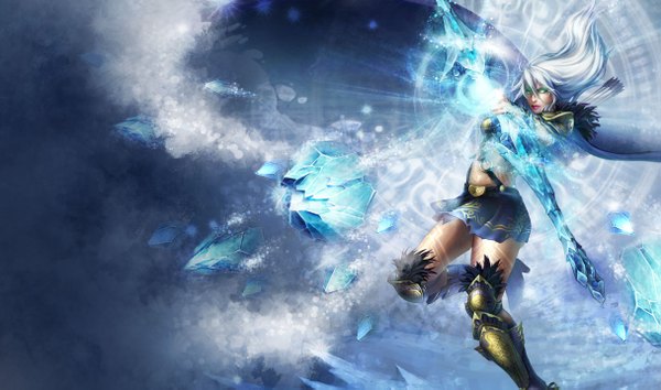 Anime picture 1215x717 with league of legends ashe (league of legends) single long hair wide image green eyes white hair snowing winter snow girl skirt armor cloak bow (weapon) arrow (arrows) ice