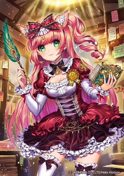 Anime picture 707x1000 with original esphy single long hair tall image looking at viewer blush fringe smile standing holding green eyes animal ears pink hair indoors blunt bangs puffy sleeves copyright name one side up drill hair