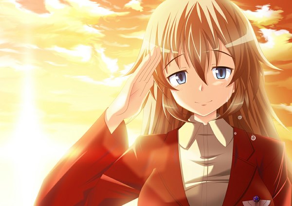 Anime picture 1000x707 with strike witches charlotte e yeager yukimura1130 single long hair looking at viewer fringe blue eyes blonde hair smile hair between eyes cloud (clouds) upper body tears evening sunset salute girl