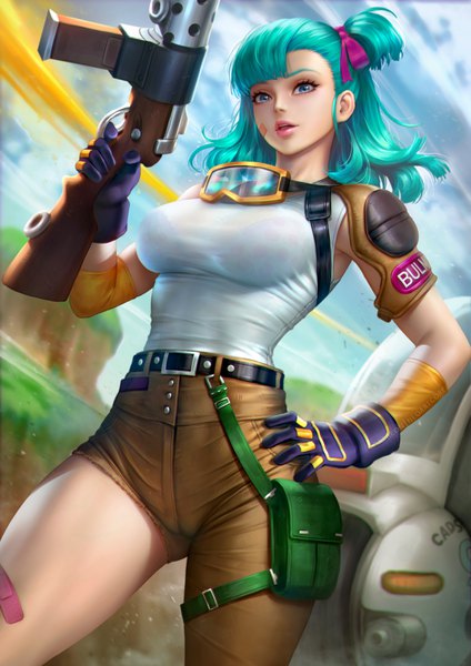 Anime picture 2480x3508 with dragon ball bulma nudtawut thongmai single long hair tall image looking at viewer fringe highres open mouth blue eyes standing holding sky cloud (clouds) outdoors blunt bangs lips realistic aqua hair