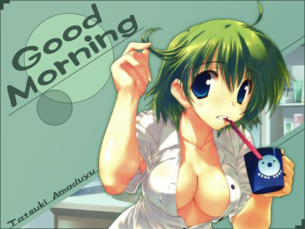 Anime picture 1024x768 with amazuyu tatsuki short hair breasts blue eyes light erotic cleavage green hair shirt cup toothbrush