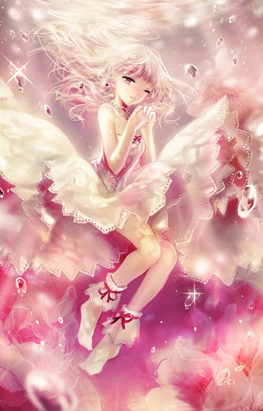 Anime picture 800x1245 with original juexing (moemoe3345) single long hair tall image looking at viewer bare shoulders pink hair one eye closed pink eyes wink girl dress socks white socks bubble (bubbles)