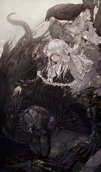 Anime picture 1771x3000 with original wanke single long hair tall image fringe highres smile sitting purple eyes looking away silver hair upper body hair flower hair over one eye skeleton girl dress flower (flowers) animal