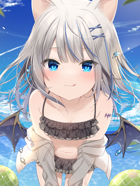 Anime picture 845x1121 with original mafuyu (chibi21) single long hair tall image looking at viewer blush fringe blue eyes light erotic smile standing bare shoulders payot cloud (clouds) outdoors multicolored hair wind grey hair off shoulder
