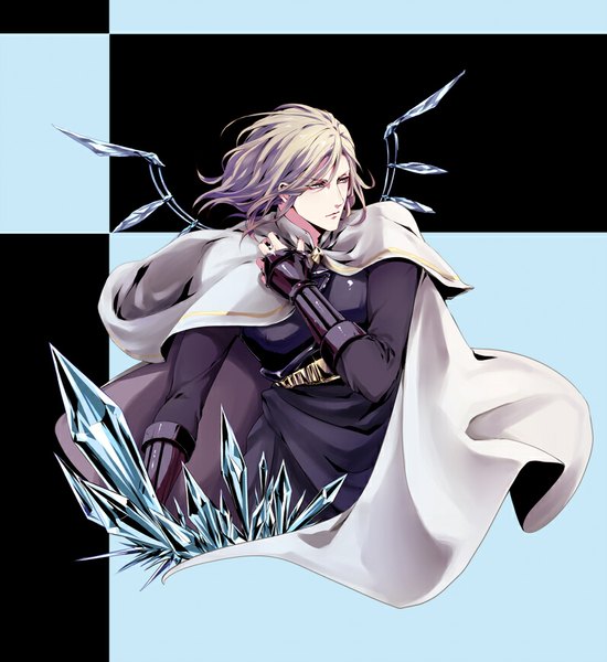 Anime picture 797x870 with uta no prince-sama a-1 pictures camus meromizawa (artist) single long hair tall image simple background blonde hair looking away black background blue background silver eyes boy gloves wings black gloves belt fingerless gloves cloak