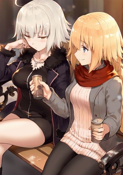 Anime picture 777x1100 with fate (series) fate/grand order jeanne d'arc (fate) (all) jeanne d'arc alter (fate) jeanne d'arc (fate) haoni long hair tall image blush fringe short hair breasts blue eyes blonde hair smile hair between eyes large breasts sitting multiple girls holding