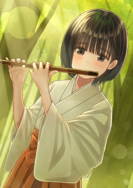 Anime picture 1457x2064 with original tanbonota46 single tall image blush fringe short hair black hair holding looking away traditional clothes japanese clothes fingernails wide sleeves arms up grey eyes lens flare miko playing instrument music