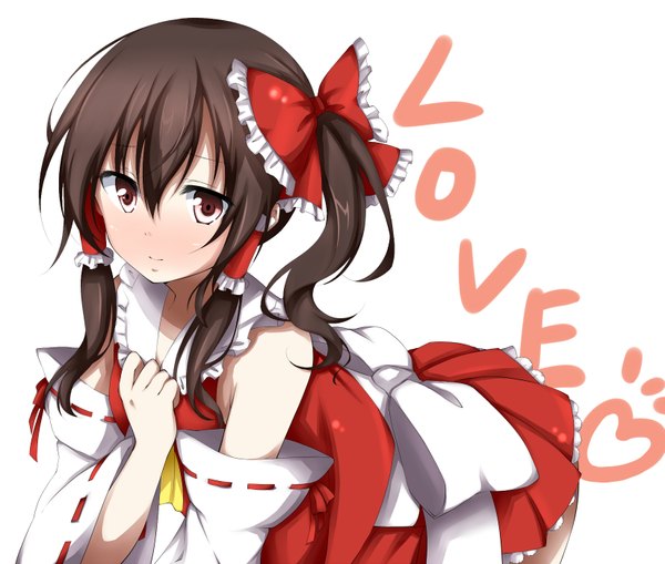 Anime picture 1649x1400 with touhou hakurei reimu hoshi (menma) single long hair looking at viewer black hair red eyes bare shoulders inscription side ponytail miko girl bow hair bow detached sleeves