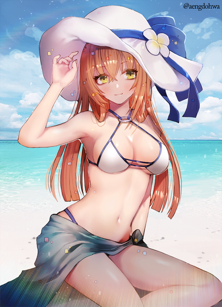 Anime picture 723x1000 with girls frontline m1903 springfield (girls frontline) hanato (seonoaiko) single long hair tall image fringe breasts light erotic hair between eyes large breasts sitting signed yellow eyes sky cloud (clouds) arm up orange hair twitter username beach