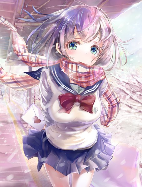 Anime picture 911x1200 with original keepout single tall image looking at viewer blush fringe short hair breasts blue eyes smile large breasts purple hair ahoge outdoors wind snowing winter snow hands behind back