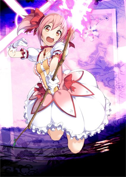 Anime picture 753x1063 with mahou shoujo madoka magica shaft (studio) kaname madoka yuuzii single tall image short hair open mouth red eyes twintails pink hair bent knee (knees) puffy sleeves magic short twintails looking up jumping magical girl girl dress