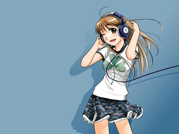 Anime picture 1024x768 with blue background headphones
